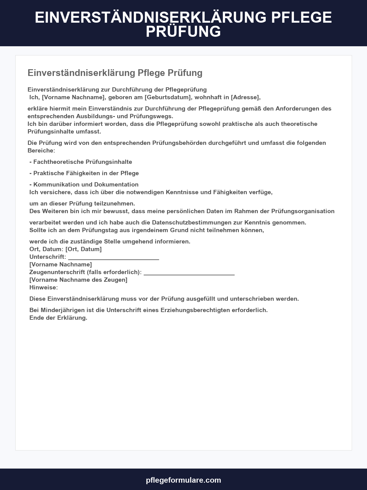 Einverständniserklärung Pflege Prüfung Vorlage